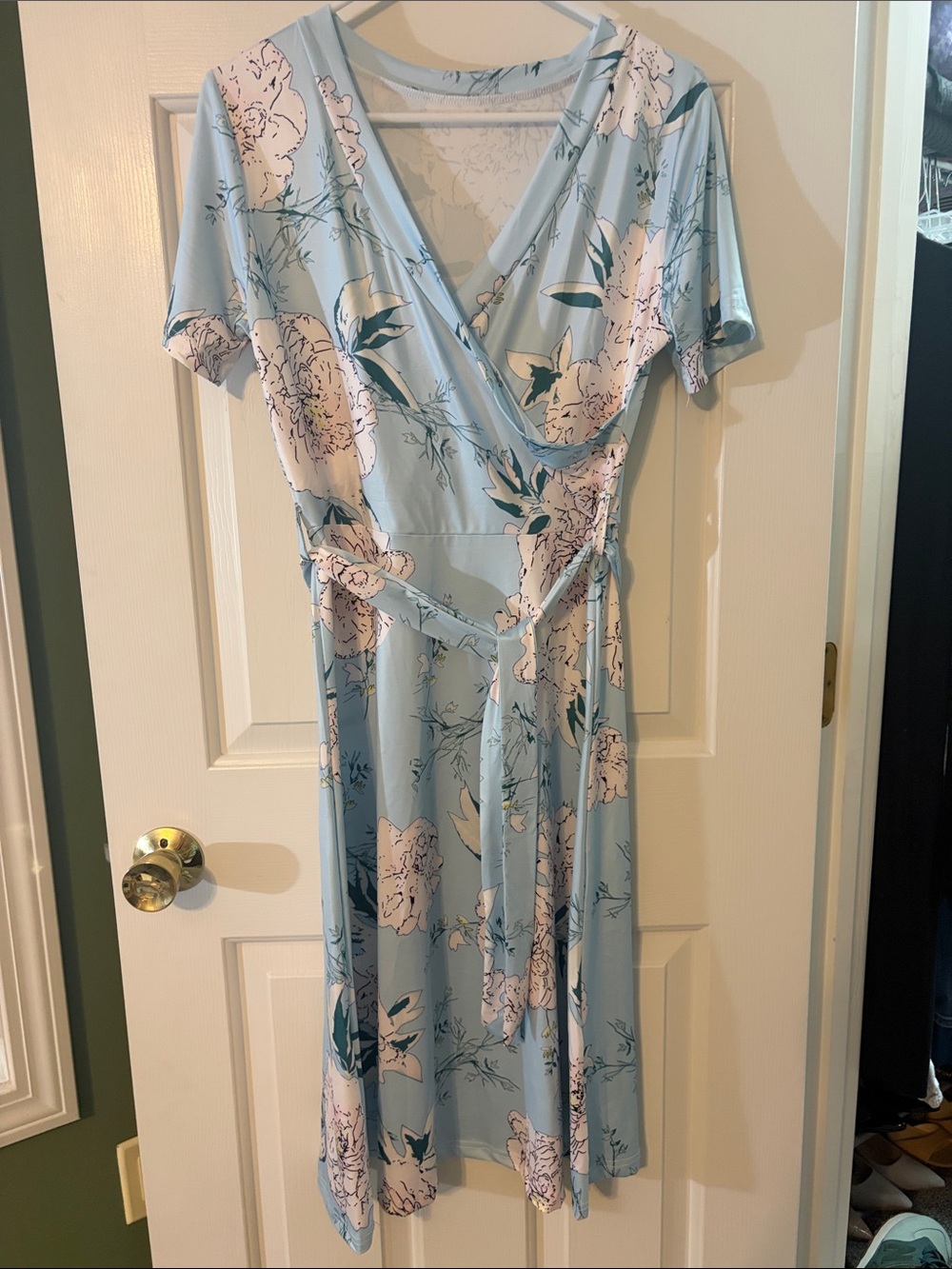 Light Blue Floral Wrap Dress with Short Sleeves